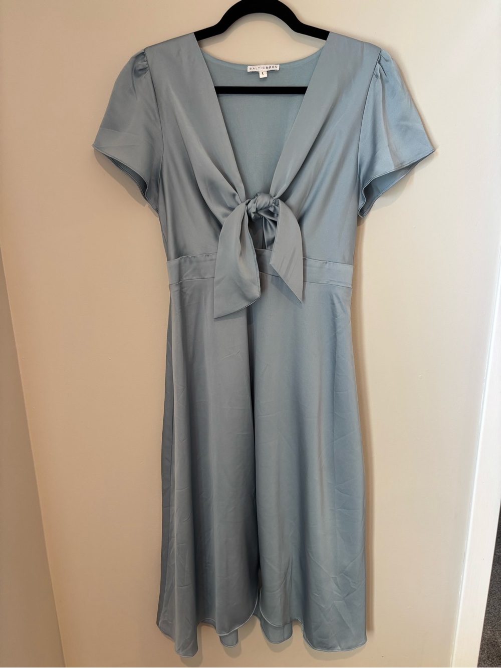 Baltic Born Dusty Blue Tie Front Midi Dress — Size L — Great Condition!